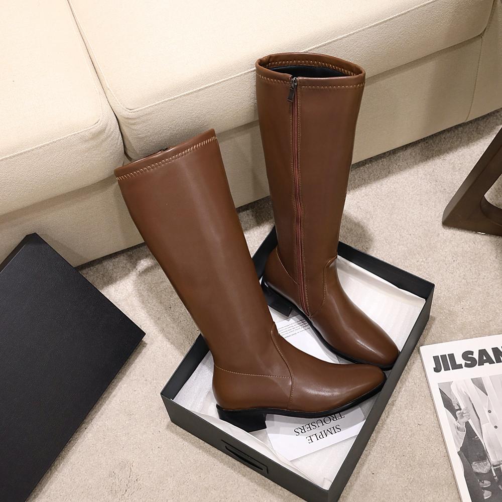 

Ботильоны с квадратным носком оверсайз и толстым каблуком, из микрофибры с узором наппа, коричневые ботфорты до колена, боковая молния, осенне-зимняя женская обувь 39