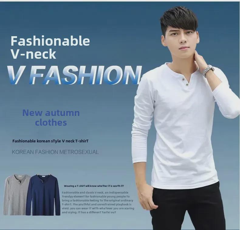 Herren-T-Shirt aus Baumwolle im koreanischen Stil mit V-Ausschnitt und langen Ärmeln und schmaler Passform