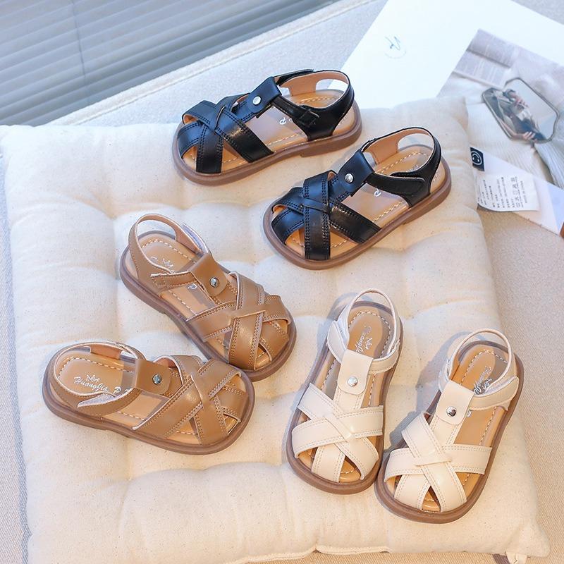 New Summer Korean Style Kids Hook-and-loop Sandals, Closed-toe Woven Soft Sole Beach Shoes for Baby Girls