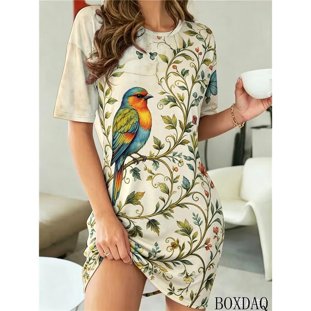 Summer Women's Casual Dresses Short Sleeved Round Neck Bird Print Loose Home Dress
