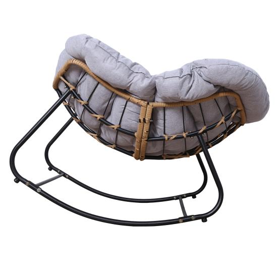 Outdoor Rattan Rocking Chair Patio Comfy Reading Chair with Oversized Cushion Indoor Recliner Wide Rocking Chair for Balcony Front Porch Grey