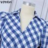 VONDA Women Vintage Stand Collar Short Sleeve Plaid Ruffle Hem Dresses