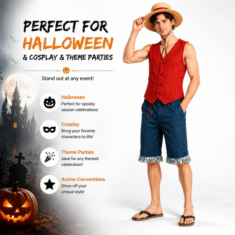 Costume Cosplay Monkey D Luffy pour Homme Adulte Tenue Anime Fête d'Halloween Gilet Rouge Short Chapeau de Paille Ensemble Corde