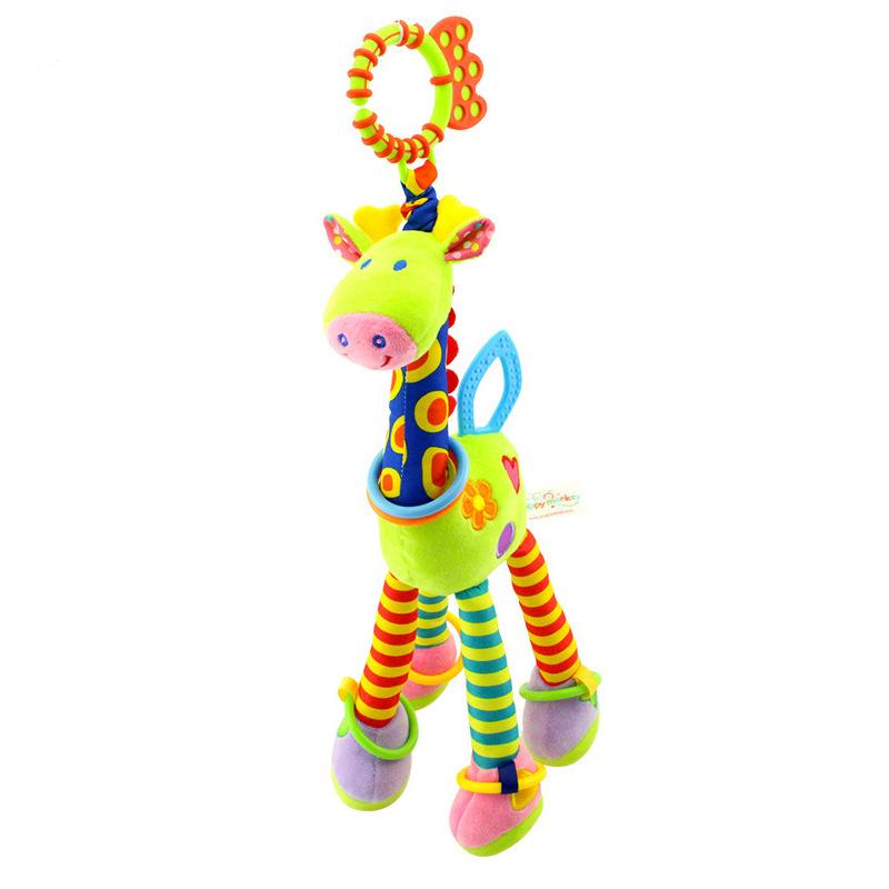 Colorful Giraffe Hanging Plush Toy For Baby Car Seat – Soft Rattle With Rings, Sensory Development Gift