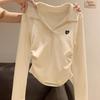 Women Cream Polo Collar Long Sleeve Top Small Heart Embroidery Side Ruched Slim Fit Cropped Tee