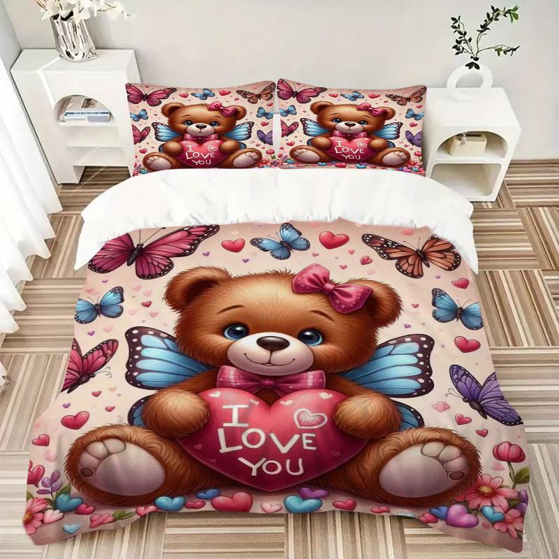 3pcs Anime Teddy Bear 'I Love You' Bedding Set - Includes One Quilt Cover and Two Pillowcases (No Filling) - Polyester Fabric, Perfect for B
