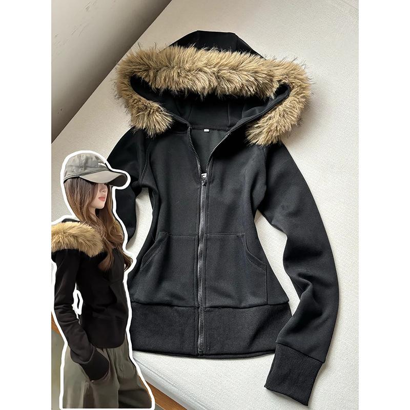 Black slim-fit sweater jacket short women's autumn and winter front shoulder hooded waist top, new