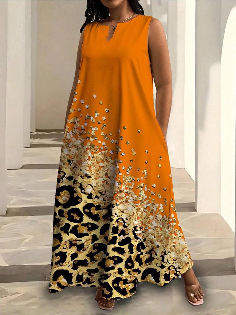 Plus Size African Impressionist Gold Leopard Sleeveless Long Dress