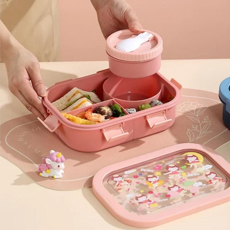 Bento Box Plastic Large Capacity Lunch Box with Soup Bowl and Spoon Children School Picnic Compartment Food Container Gifts