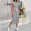 European and American Women's Clothing Spring and Summer Casual Striped Short-sleeved Dress New Temperament Thin Medium and Long Skirt