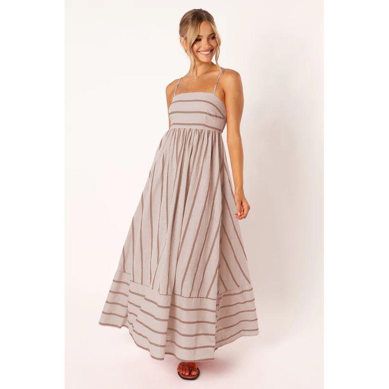 

Spring and Summer Skirts European and American Versatile Stripe Sling Backless Big Hemline Dress Dark Khaki S