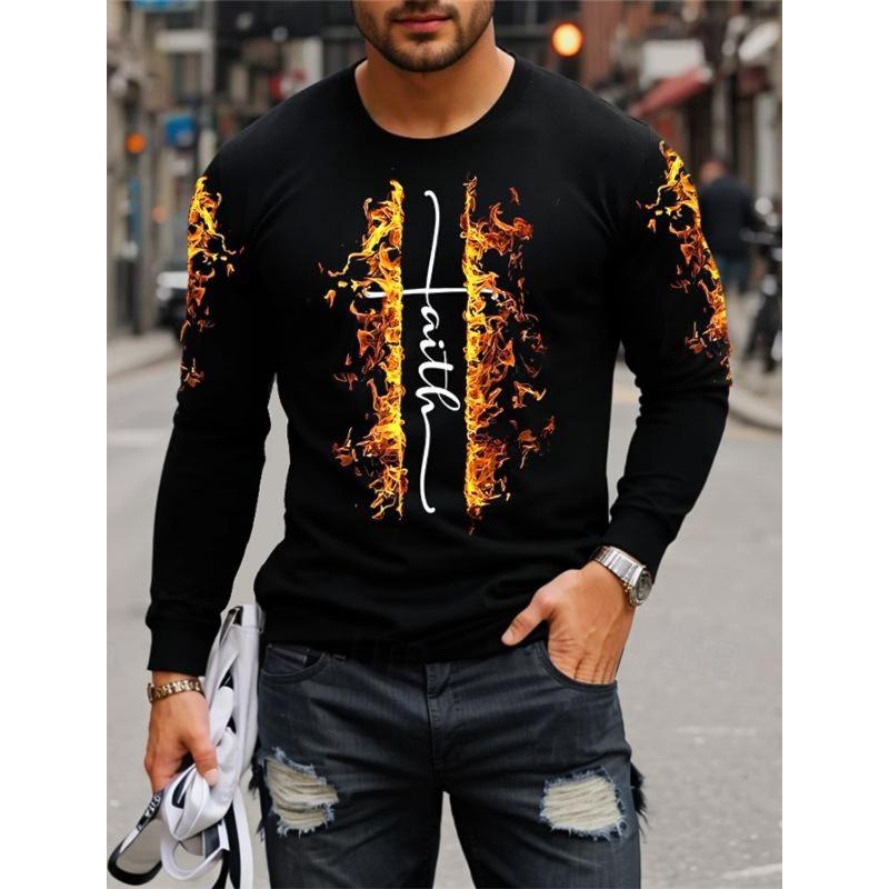 3D Printed Flame Scratch Pattern 3D Printed Autumn Men's Crew Neck T-Shirt Casual Long Sleeve Oversized Pullover Fashion Tops
