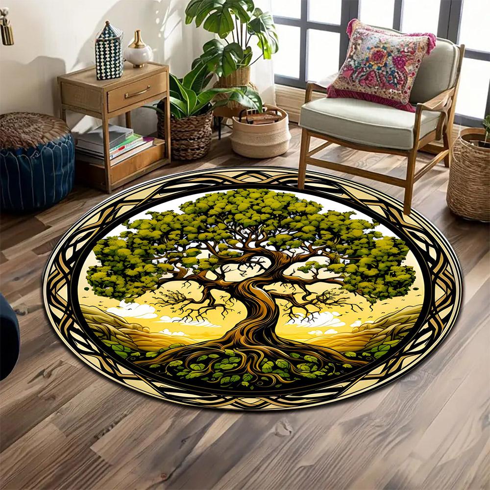 Golden Tree of Life Design Print round rug, living room, bedroom, playroom carpet, non slip floor mat, gift