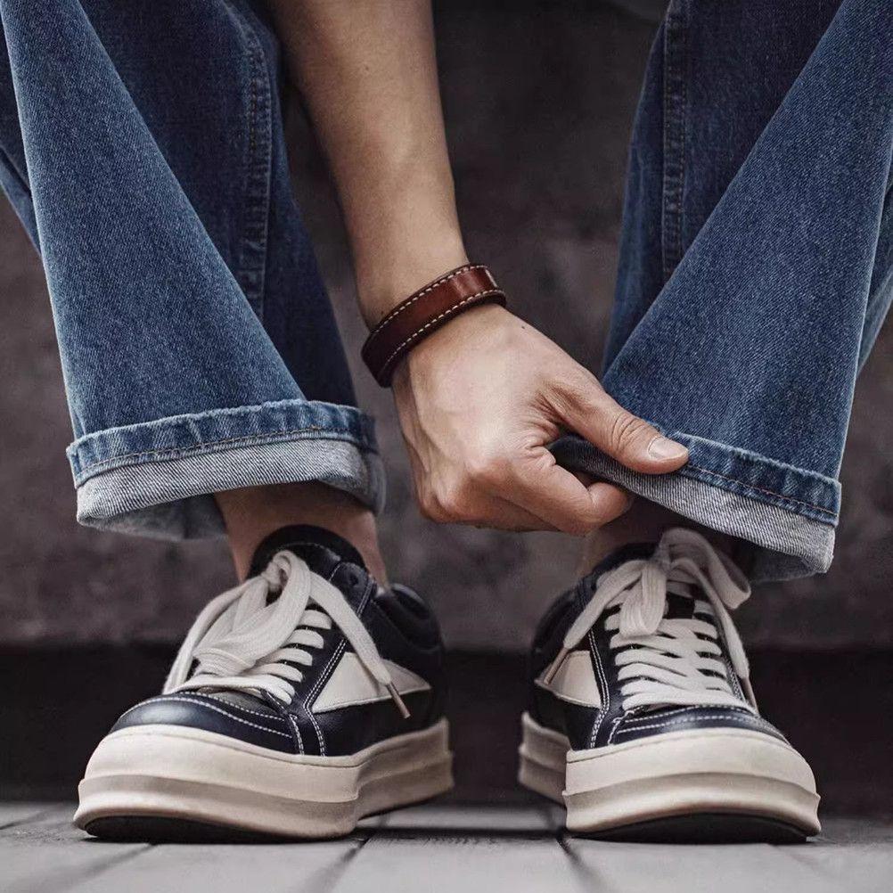 Outdoor Black PU Leather Low Top Thick Sole Men Shoes Jogging Lace Up Sneaker Fashion Casual Design Walking Trainers Footwear