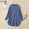 ZANZEA Dame Casual Rund Hals Ensfarget Løs Langermet Bluse