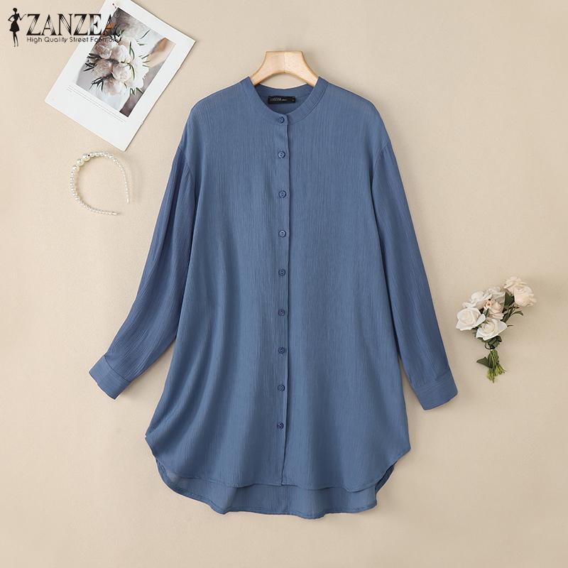 ZANZEA Dame Casual Rund Hals Ensfarget Løs Langermet Bluse