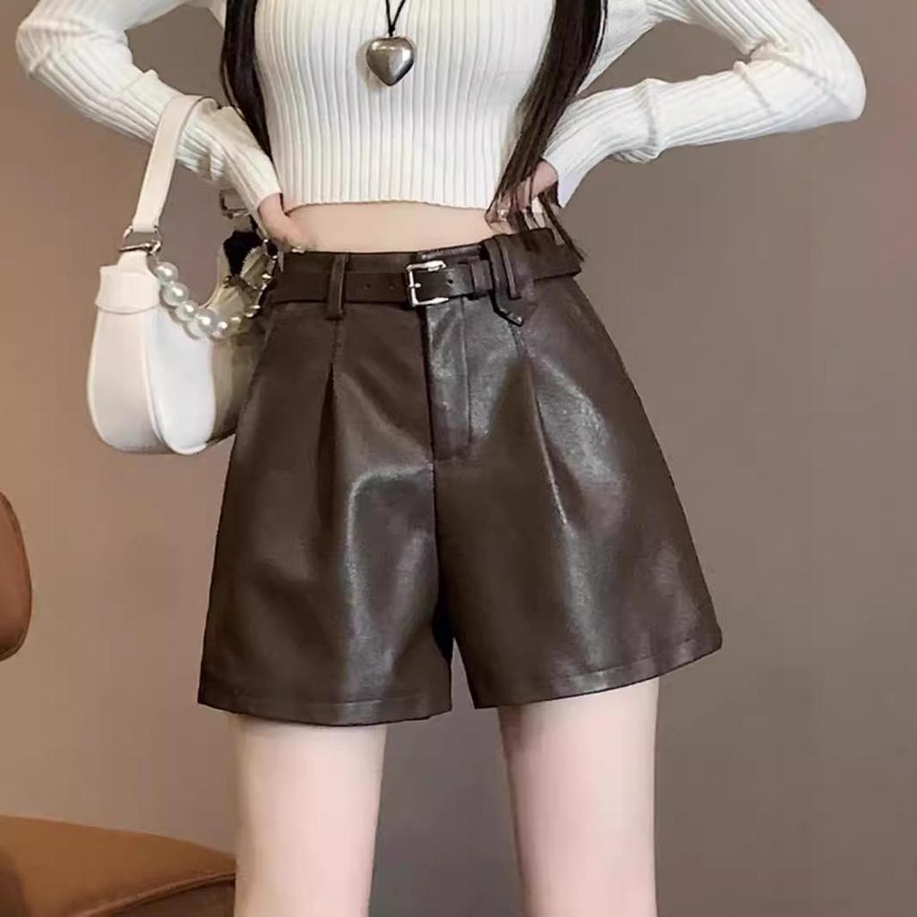 Women's PU Leather High Waist A-Line Shorts - Black, Autumn/Winter 2024 Collection, Slimming Wide-Leg, Casual Loose Fit.