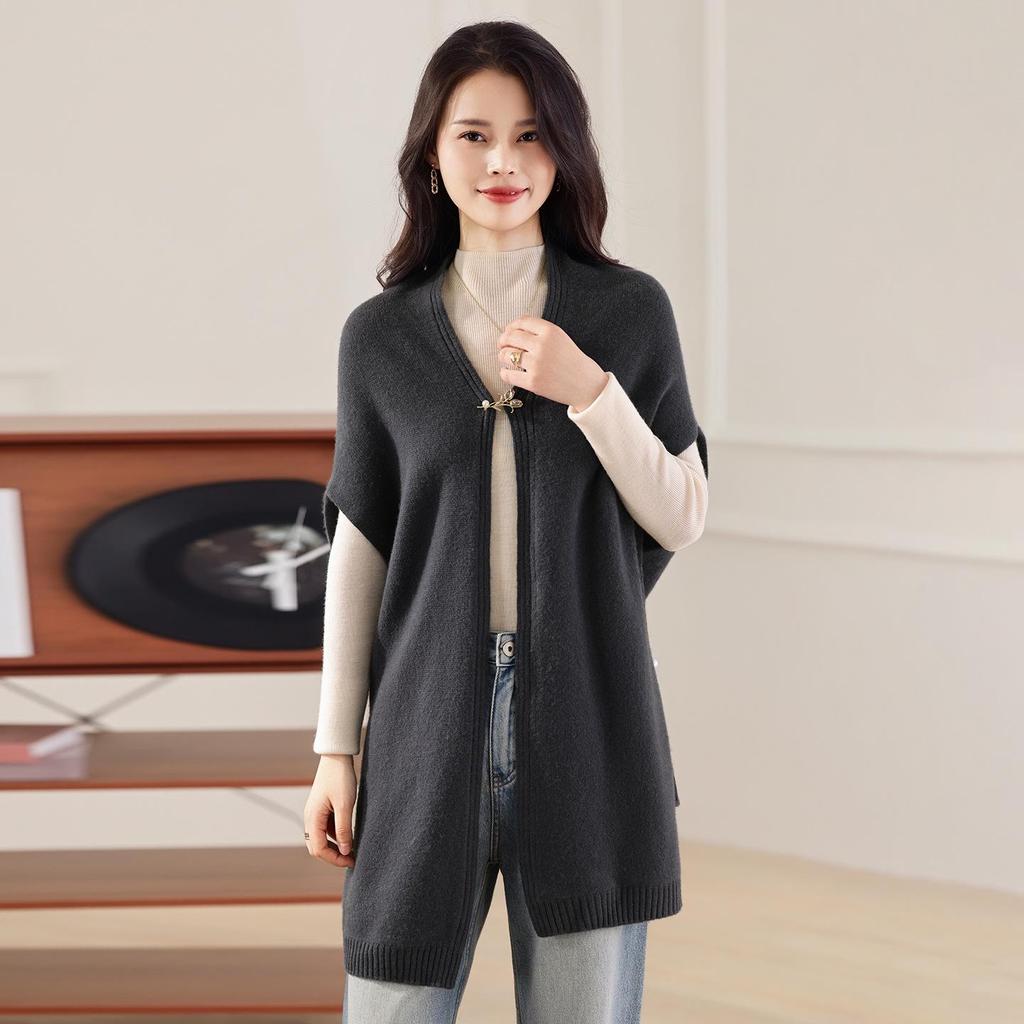 Women's Pure Wool V-Neck Shawl Cardigan: Autumn/Winter, Knit, Loose, Sleeveless Vest.