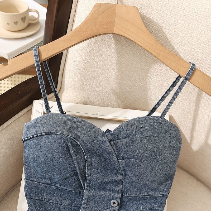 Sleeveless Denim Tops Sexy Women Summer Jeans Tanks Crop Top Removable Strapless Cowboy Bustier Corset