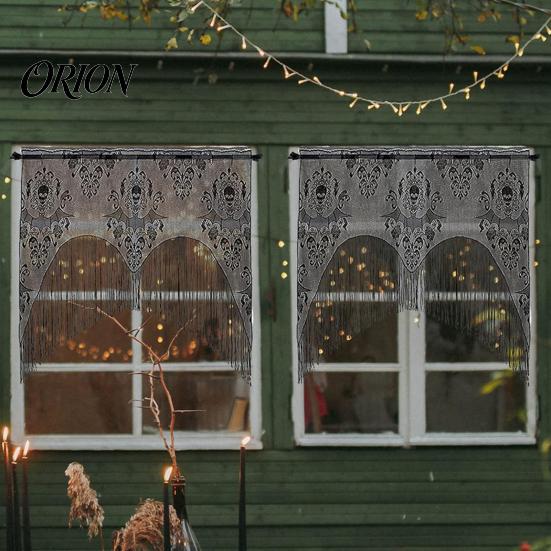 Dark Mystery Window Curtain Halloween Spooky Valance, Skull And Bat Pattern Sheer Lace Curtain, Vintage Style Valance Light Filtering Gothic