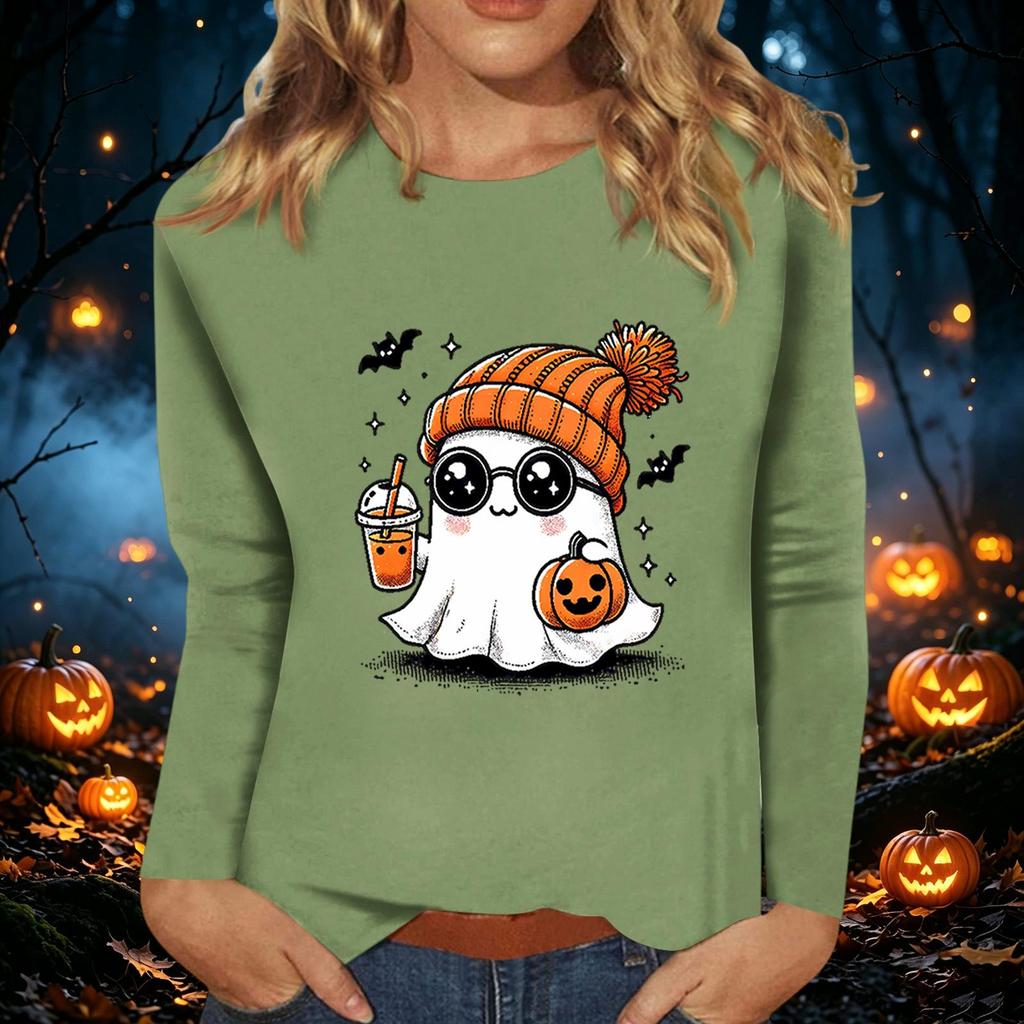 Women's Long Sleeve Halloween Print Round Neck Casual Top for Fall Parties