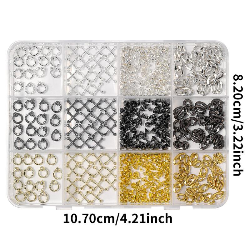 12 Grids Alloy Nail Charms Punk Y2K Metal Parts Manicure Rivet Chain Nail Tip Decoration Retro Circle Nails Supply DIY Crafts