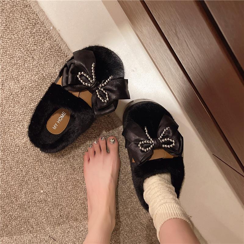 Schleife 2025 Herbst und Winter neue Damen Winter Indoor Zuhause weiche Sohle rutschfest warm Plüsch dicke Sohle Baumwollpantoffeln