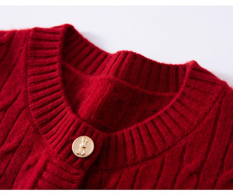 Women's 100% Pure Cashmere Cable Knit Rabbit Button Cardigan, Autumn/Winter 2025 Collection, Round Neck, Loose Fit Sweater Coat.