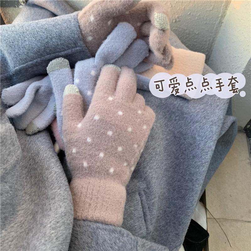 Cute Wool Gloves Knitted Korean Version of Diandian Warm and Plush Cycling Gloves Japanese Autumn and Winter Five-fingered Women
