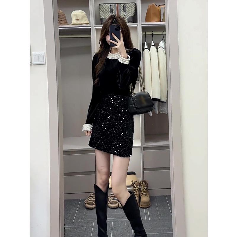 Women's Spring 2025 Black Velvet Lace Patchwork Top