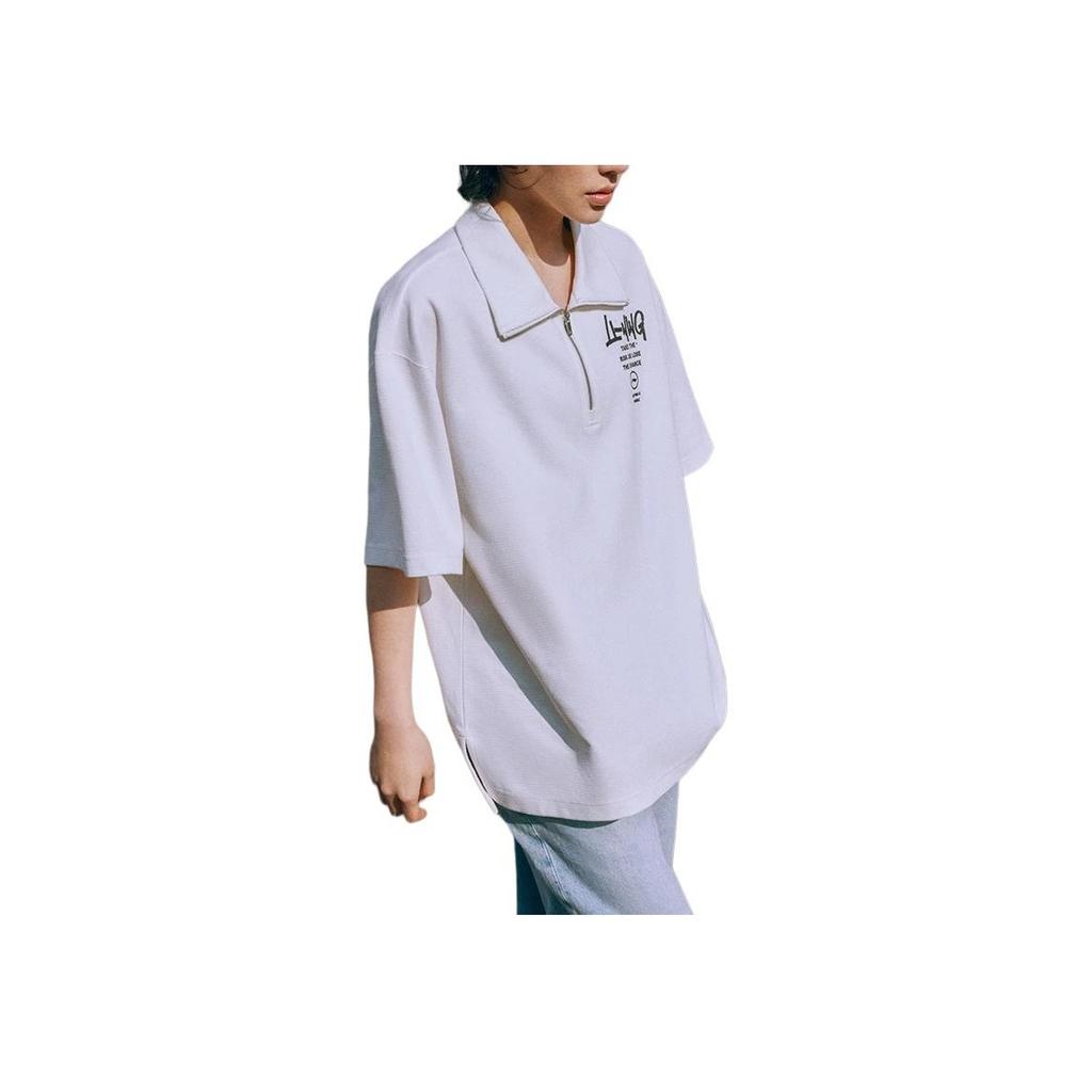 Li-Ning Letter Print Zip-Up Polo T-Shirt Unisex Tops Milk-White AHST629-1