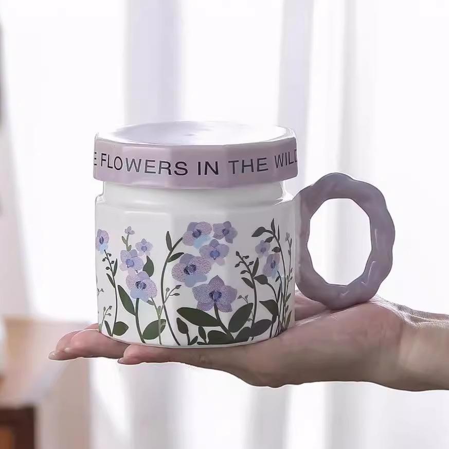 Retro Watercolor Flower Cup Ceramic Romantic Style Design Niche Coffee Mug Cover Light Luxury High End