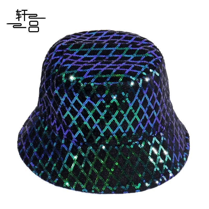 Spring and Autumn New Golden Velvet Bucket Hat Women, Fashionable Personality Sequined Grid Sunshade Washbasin Hat