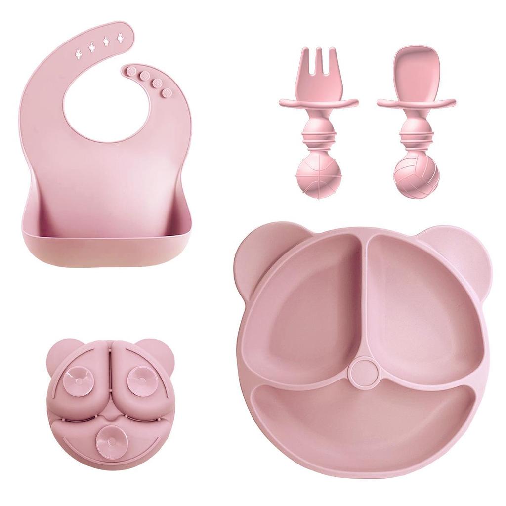 Silicone Cartoon Bear Baby Plate & Bowl Set with Integrated Suction Cup - Children's Tableware & Utensils