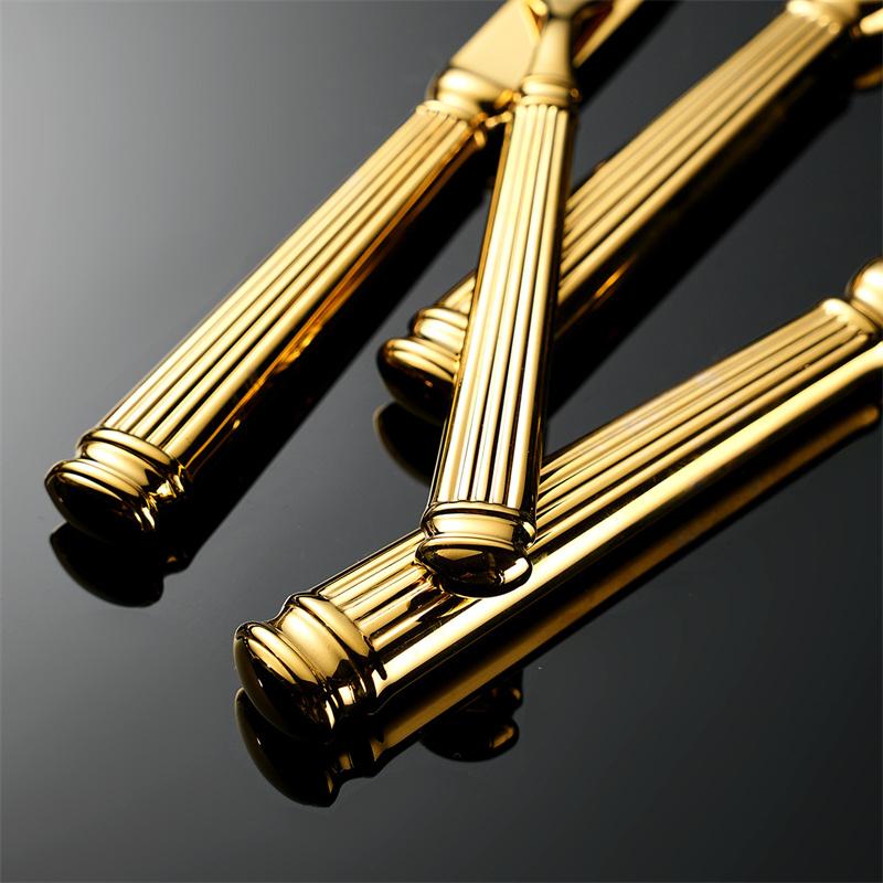 Zlaté nerezové příbory, dárkové sady pro hosty, stolní nádobí s římskou rukojetí, nože, vidličky, lžíce, špachtle na dorty, kuchyňské potřeby do restaurace