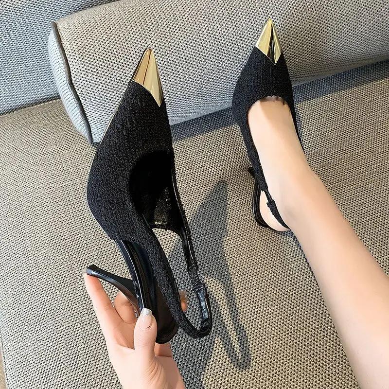 Summer 2025 Gold Leather Footwear High Heels Black Pointed Toe for Office Work Sandals Woman Thin Sexy Women's Shoes F Sandal H