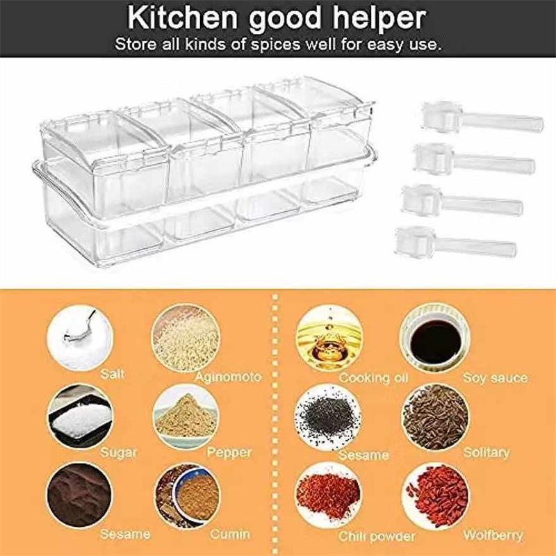 Clear Kitchen Spice Jar Set with Lids - 4-in-1 Multi-Piece Storage for Salt, Sugar, and MSG.
