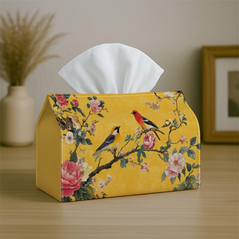1pc Vintage Oriental Tissue Box Cover,Bird Flower Branch Yellow High-Quality,Durable,Lightweight,Foldable Storage,Ideal for Living Room and Dining Roo