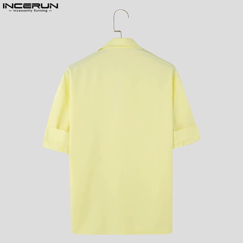 INCERUN Men Short Sleeve Pleated Shirts Casual Front Cross Solid Tops