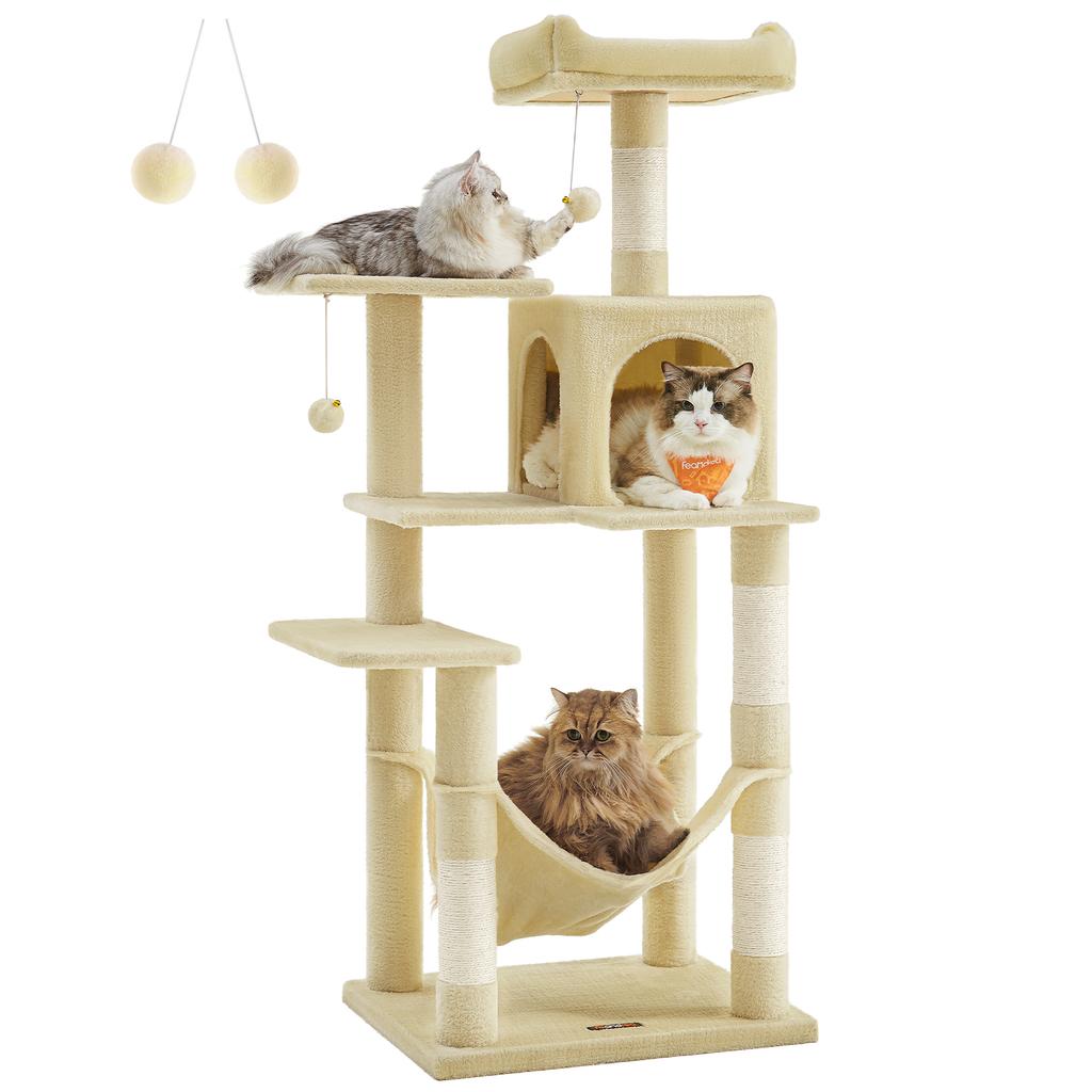 FEANDREA PCT161M01 Cat Tree Height 143 Cm Play Tower for Cats with 4 Scratching Posts, 2 Platforms, 1 Kennel, 1 Hammock, 2 Pompoms, Plush Fabric