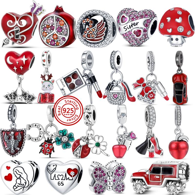 

925 Стерлинговое серебро Красный Гранат Сердце Насекомое Клевер Лебедь Ночная Летучая Мышь Бусины Подходят Оригинальные Подвески Браслет Женские Украшения