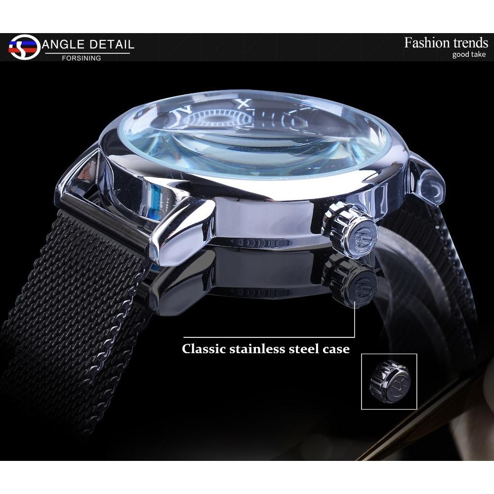 Forsining Ceas Bărbați Moda Ocazional Curea din plasă Hollow Gold Ceas mecanic manual GMT1040-8-A