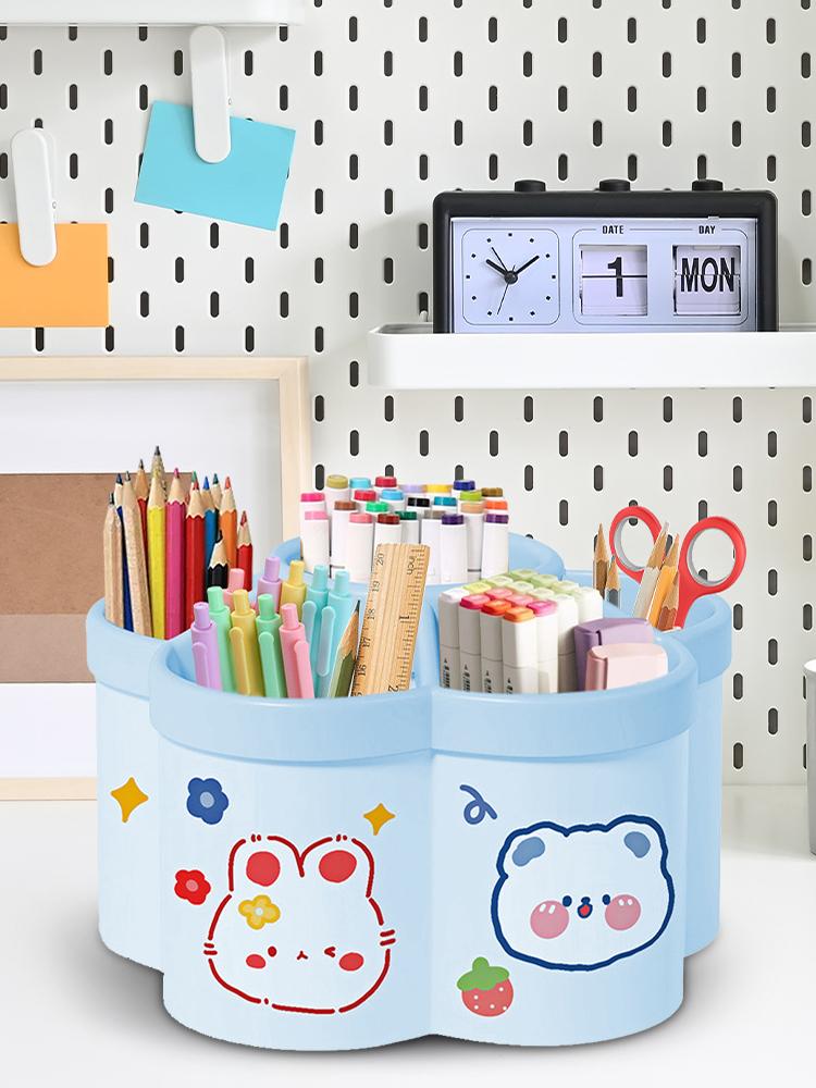 Cartoon 360-degree Rotating Pen Holder with 6 Slots Pen Storage Box Desktop Stationery Organizer for Desk Office School Home Use