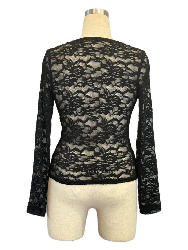 Elegant 2025 V-Neck Fan Collar Lace Pullover - Long Sleeve Slimming Top