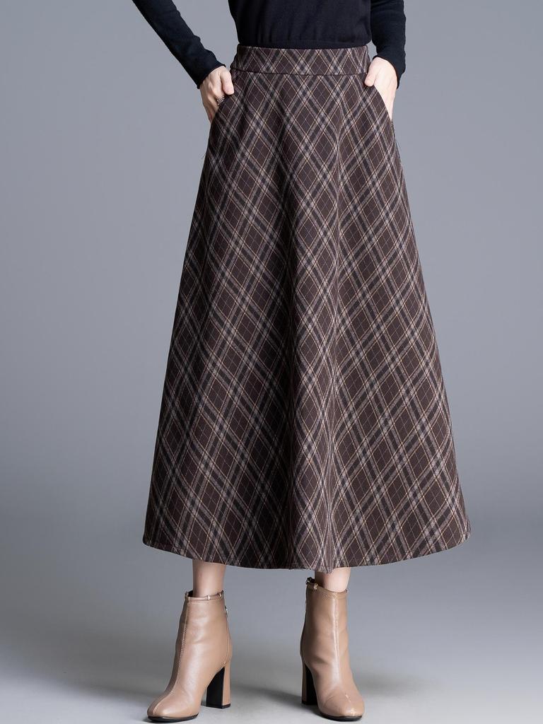 Chic High-Waisted Plaid A-Line Skirt - 2025 Autumn/Winter, Long Length, Women's Cozy Fashion