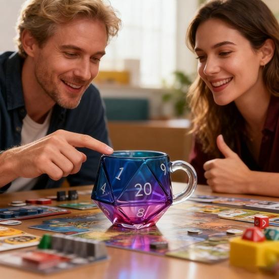 Rainbow D20 Dice Mug with Handle Colorful Polyhedral Glass Coffee Cup for Gamers Unique Gift for Tabletop RPG Fantasy Enthusiasts