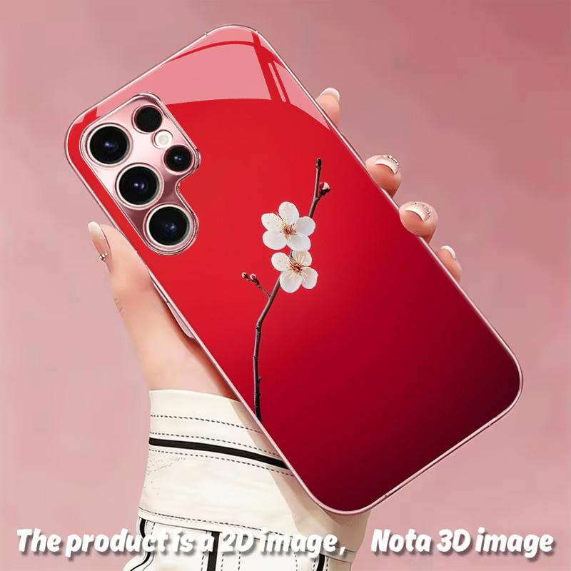 2DFlat Samsung electroplated tempered glass phone case,White Flower on Red Background Phone CaseSuitable for Galaxy S26 S23 S24FE S25ULTRA S22 S21