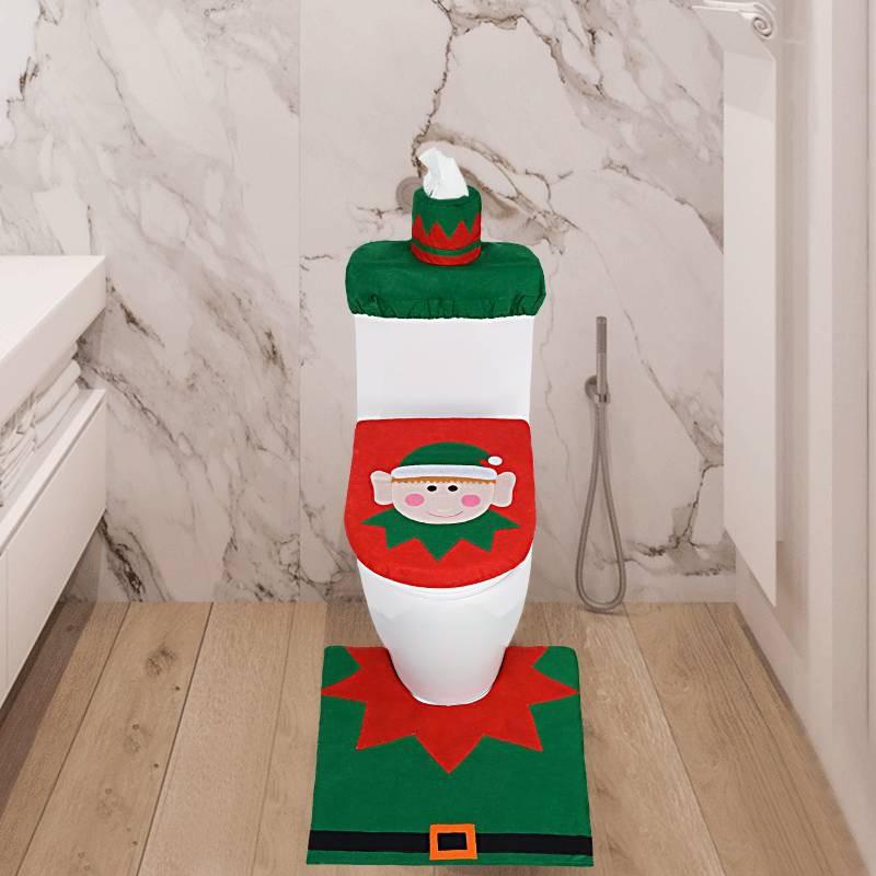 Christmas Elf Toilet Cover Set With Reindeer Santa Fabric For Holiday Decor
