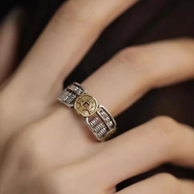 Retro copper coin abacus bead ring, women's and men's national trend ethnic style, adjustable opening