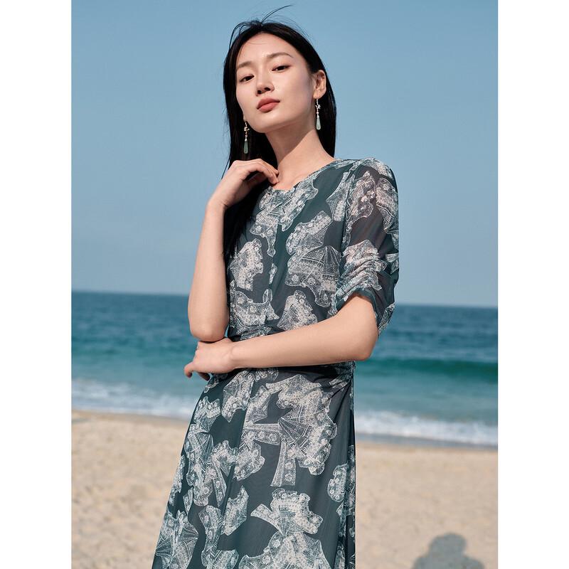 Anna K Elegant Vintage Lace Print Pleated Mesh A-Line Dress